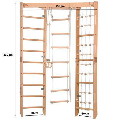 Structure d’escalade d’angle en bois – Échelle d’escalade, filet, échelle suspendue – Appareil de fitness compact pour toute la famille (SPR Corner Lack)