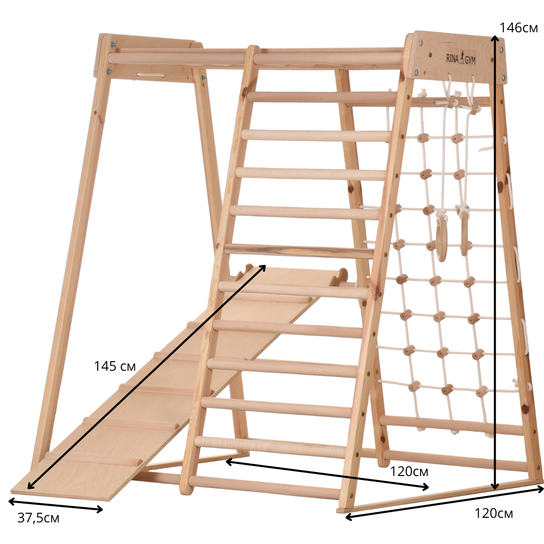 RINAGYM Petite aire de jeux intérieur triangle en bois pour enfants - Filet d’escalade enfant, échelle suédoise, anneaux, toboggan –Mur escalade enfant interieur idéal pour 1 à 5 
ans (Classic)