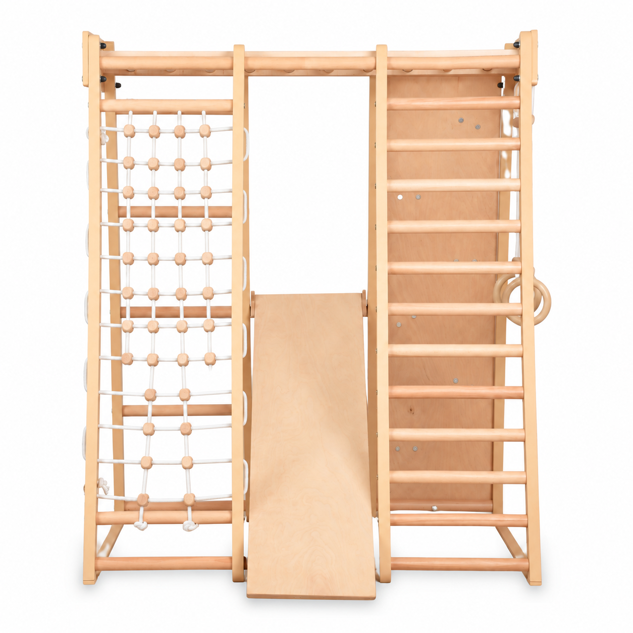 Mur d'escalade intérieur pour enfants et adultes – Structure en bois avec barre de traction, anneaux de gymnastique, corde d'escalade, échelle suédoise, barre réglable et rampe d'escalade double face – Modèle 3, couleur bois naturel (EN 913)