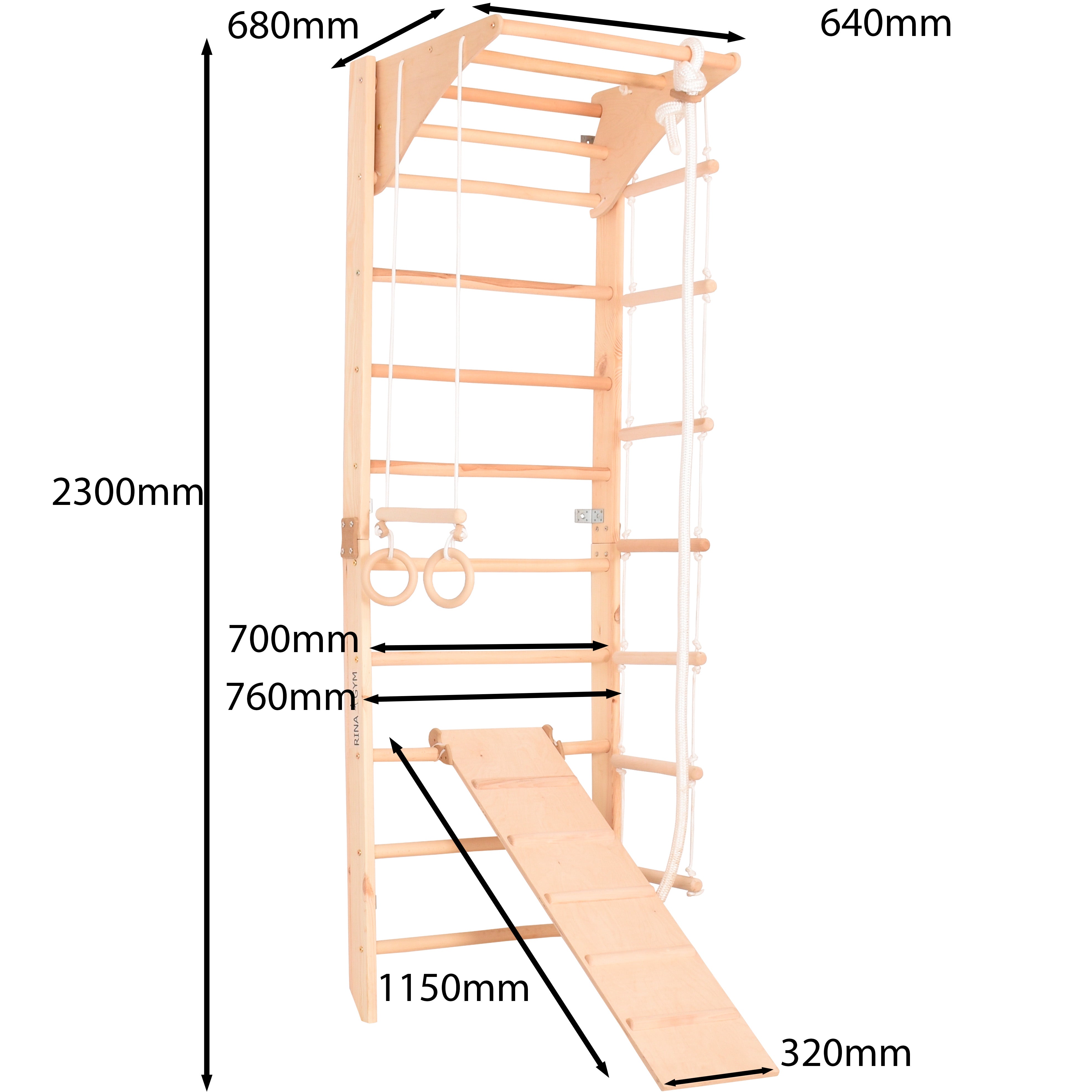 Sprossenwand Kombi 3 aus Holz mit Rutschbrett – weitere Produktansicht 2 – RINAGYM