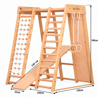 Mur d'escalade intérieur pour enfants et adultes – Structure en bois avec barre de traction, anneaux de gymnastique, corde d'escalade, échelle suédoise, barre réglable et rampe d'escalade double face – Modèle 3, couleur bois naturel (EN 913)