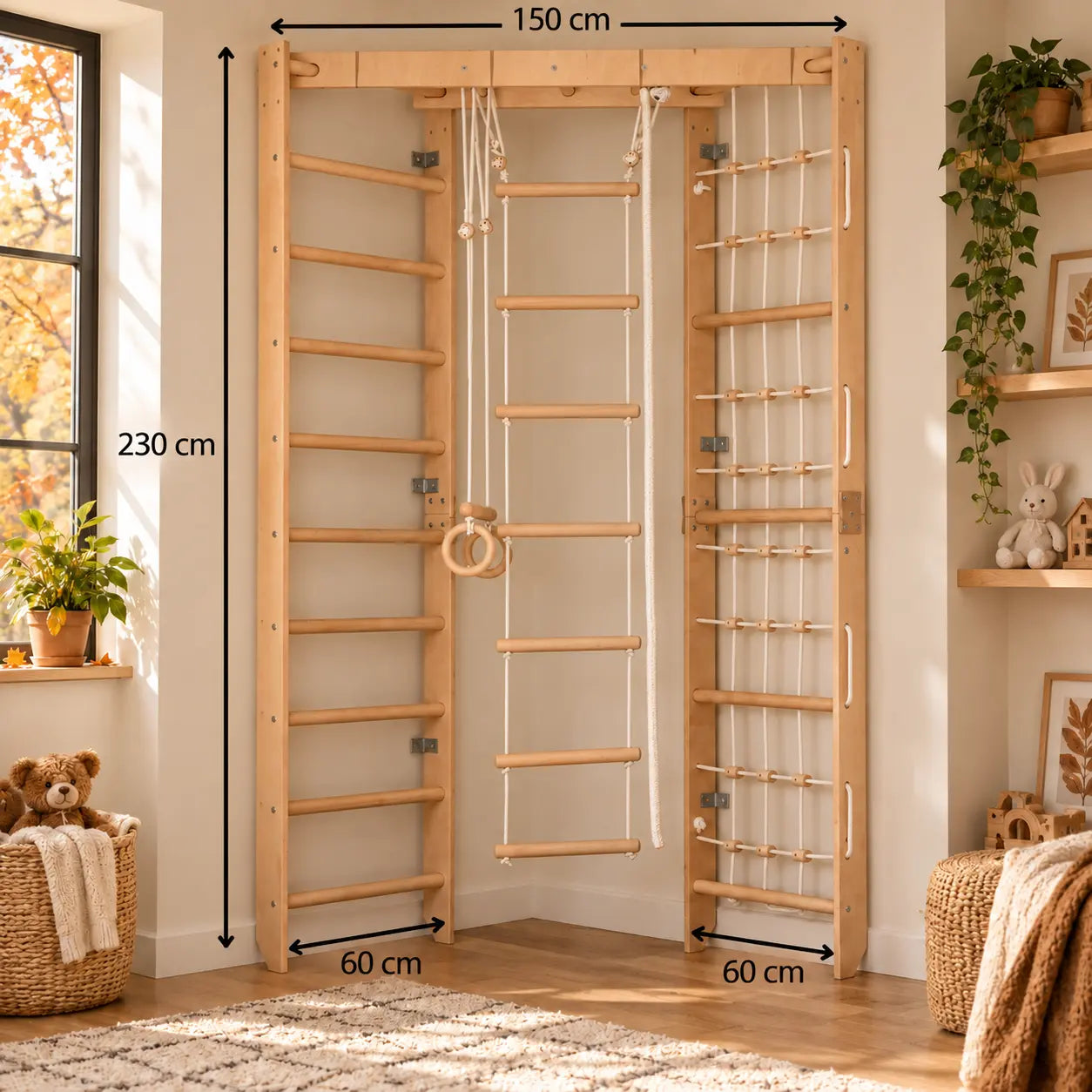 Structure d’escalade d’angle en bois – Échelle d’escalade, filet, échelle suspendue – Appareil de fitness compact pour toute la famille (SPR Corner Lack)