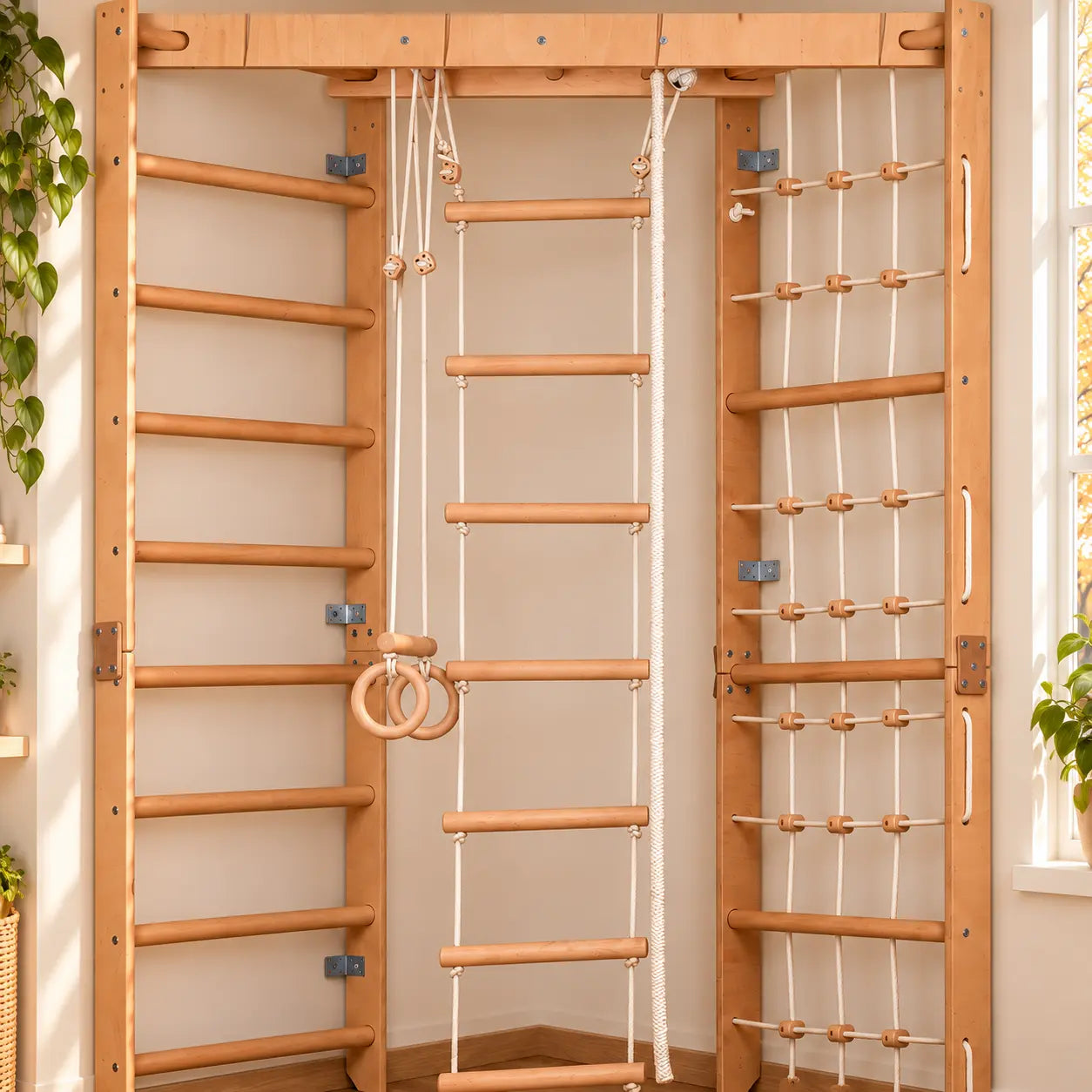 Structure d’escalade d’angle en bois – Échelle d’escalade, filet, échelle suspendue – Appareil de fitness compact pour toute la famille (SPR Corner Lack)