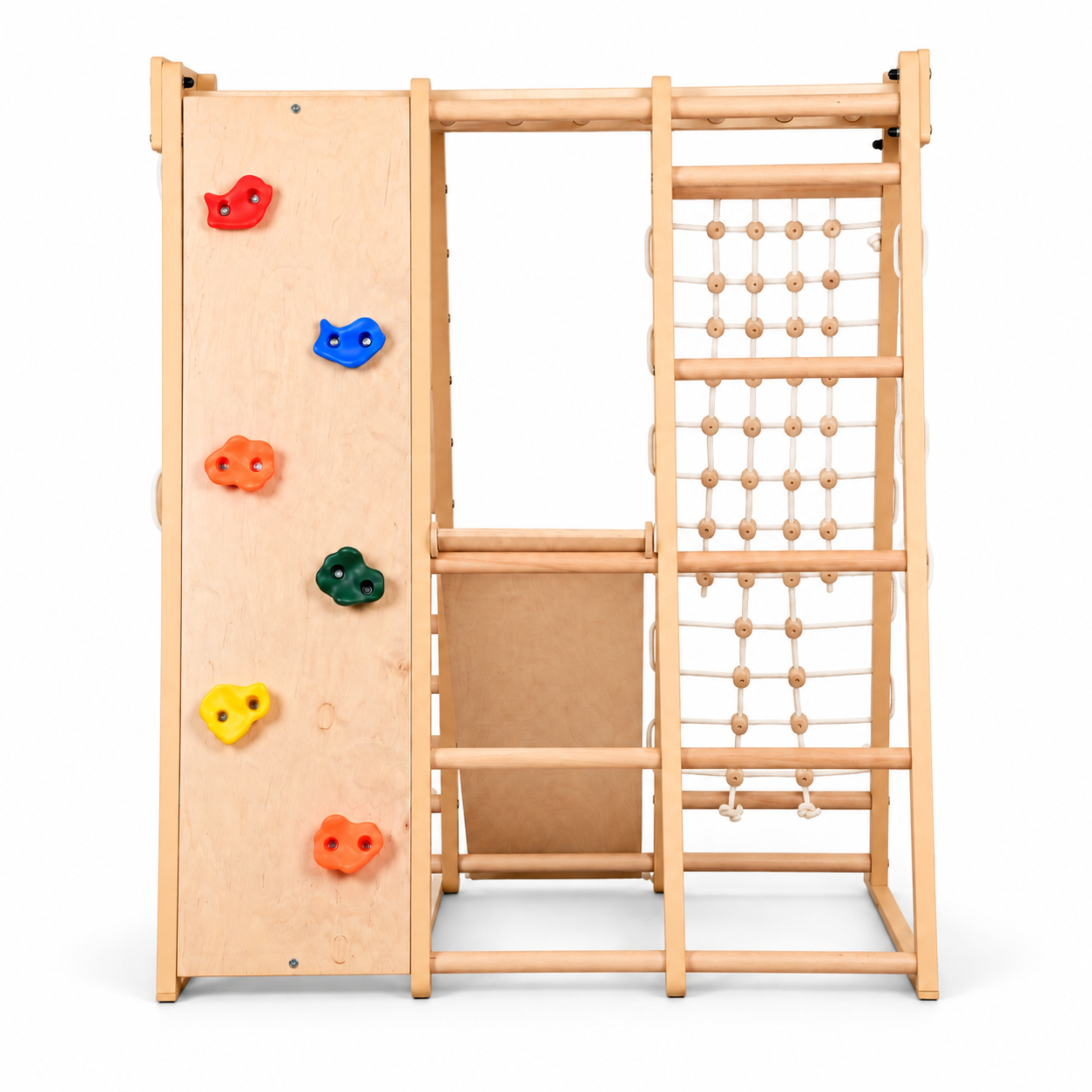 Mur d'escalade intérieur pour enfants et adultes – Structure en bois avec barre de traction, anneaux de gymnastique, corde d'escalade, échelle suédoise, barre réglable et rampe d'escalade double face – Modèle 3, couleur bois naturel (EN 913)