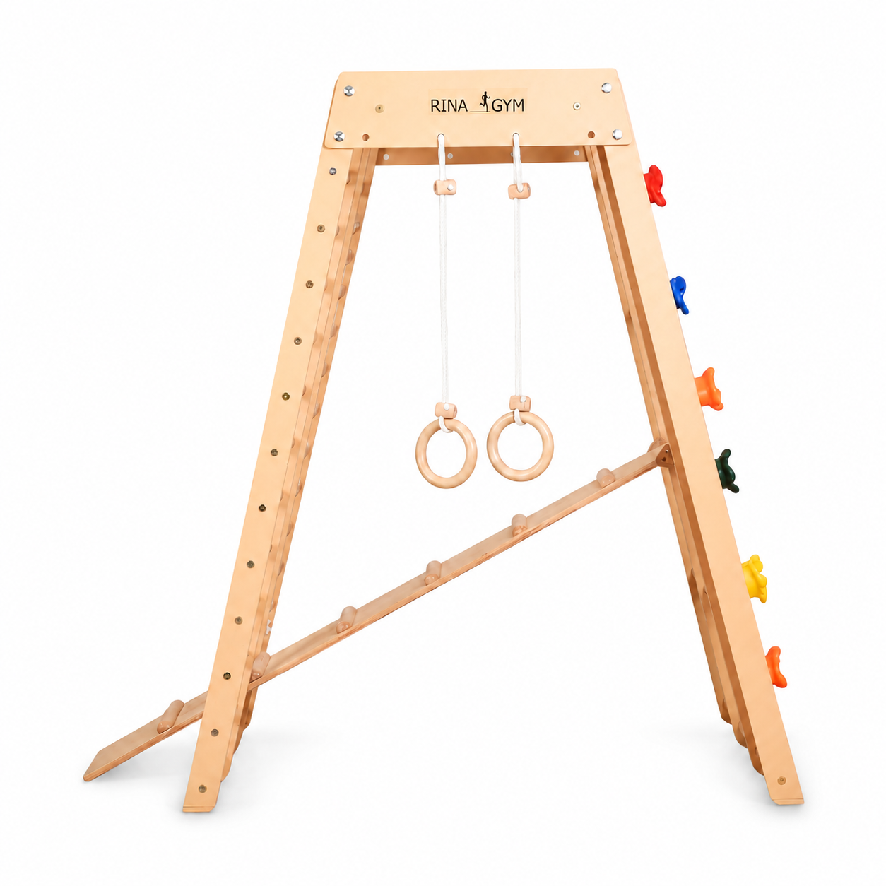 Mur d'escalade intérieur pour enfants et adultes – Structure en bois avec barre de traction, anneaux de gymnastique, corde d'escalade, échelle suédoise, barre réglable et rampe d'escalade double face – Modèle 3, couleur bois naturel (EN 913)