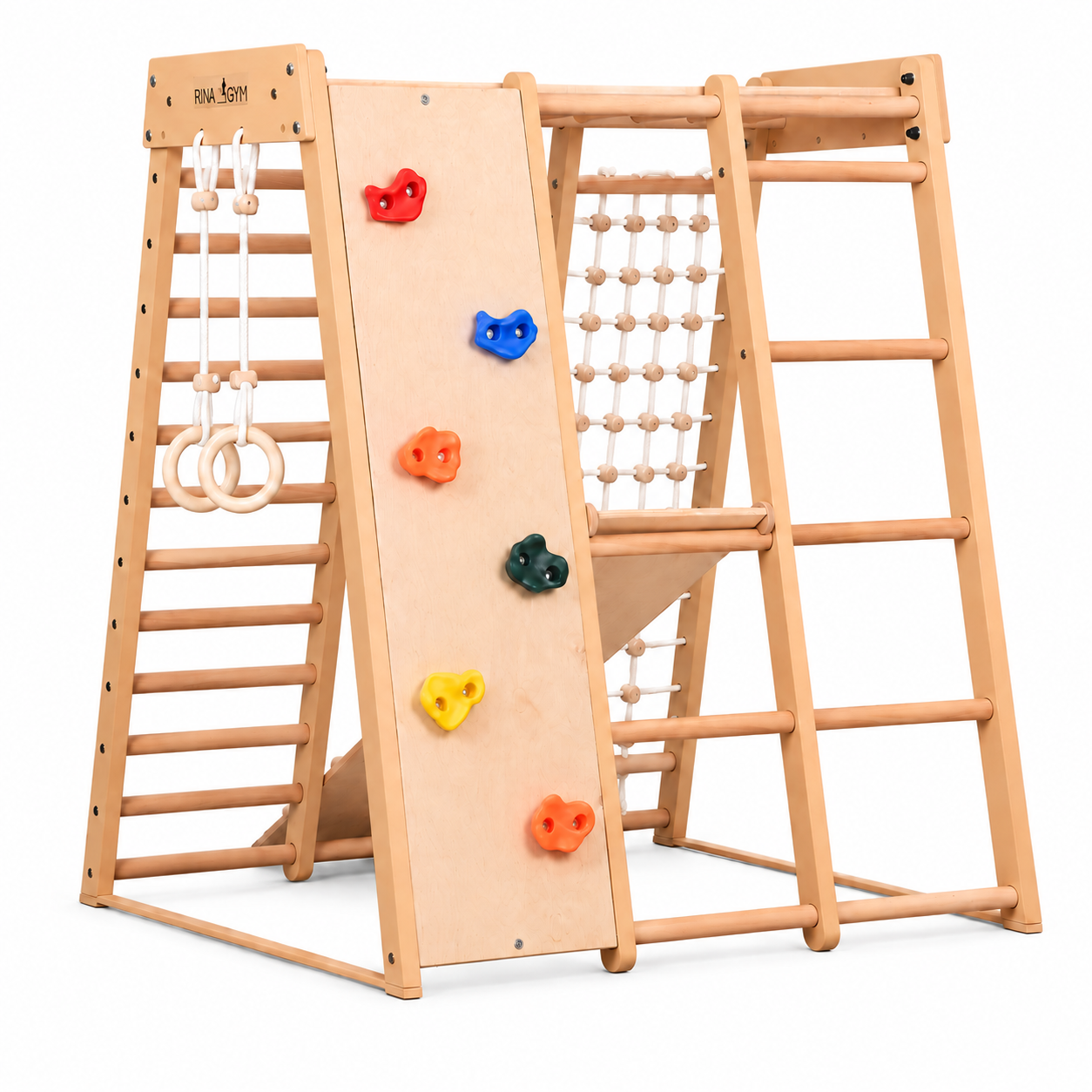 Mur d'escalade intérieur pour enfants et adultes – Structure en bois avec barre de traction, anneaux de gymnastique, corde d'escalade, échelle suédoise, barre réglable et rampe d'escalade double face – Modèle 3, couleur bois naturel (EN 913)