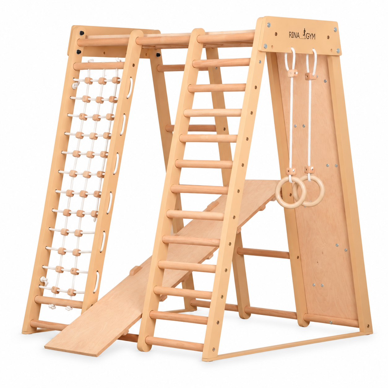 Mur d'escalade intérieur pour enfants et adultes – Structure en bois avec barre de traction, anneaux de gymnastique, corde d'escalade, échelle suédoise, barre réglable et rampe d'escalade double face – Modèle 3, couleur bois naturel (EN 913)